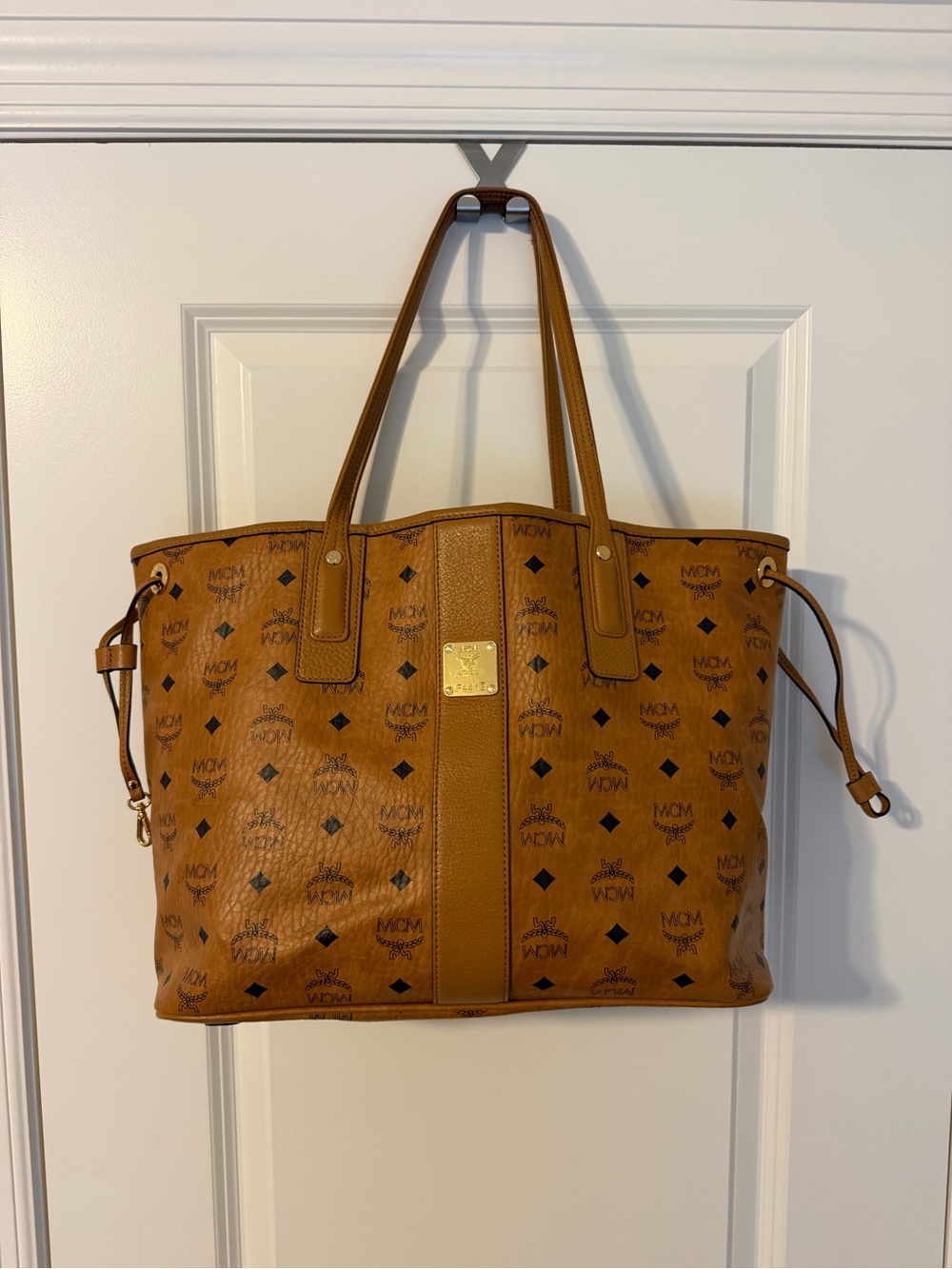 MCM Cognac Brown Visetos Logo Tote with Gold Plaque